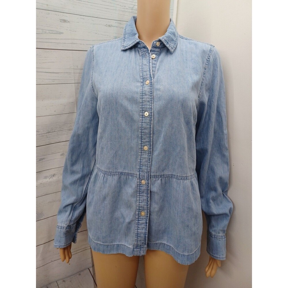 Gap Peplum Chambray Shirt Womens S Blue Long Sleeve Button Up